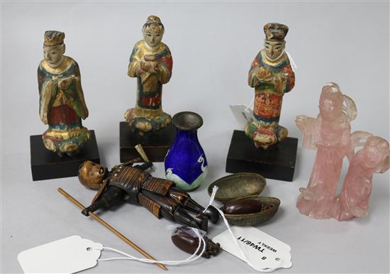 A Japanese carved wood articulated Samurai toy and various small Oriental items